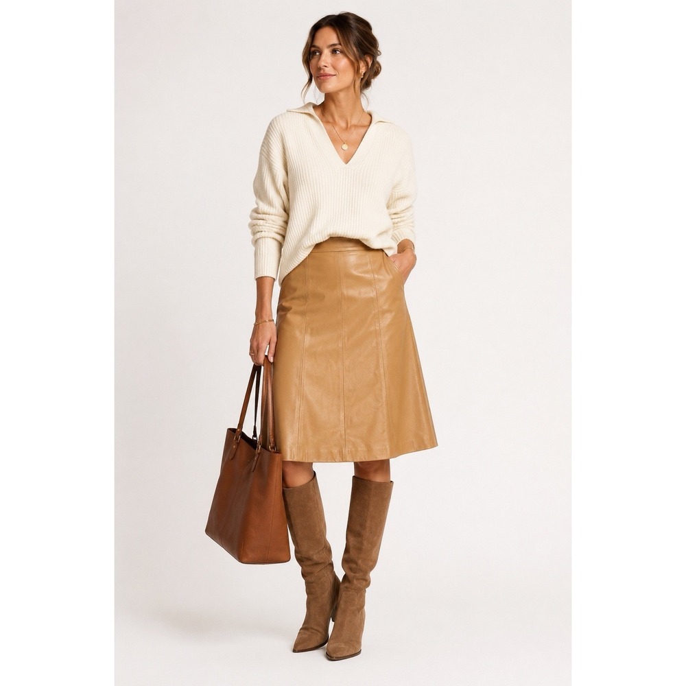 Kasper Genuine Leather Tan Camel A Line Midi Skirt Size 14 Career Classic